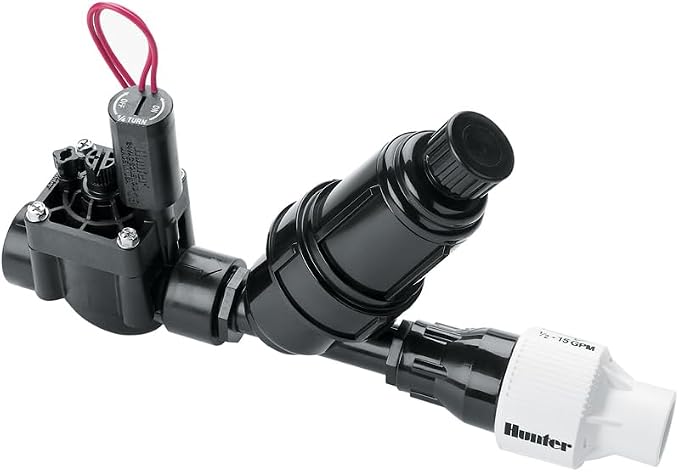 Hunter PCZ10140 Drip Irrigation Kit, 1 in. Valve, Filter, 40 PSI Regulator | Drip irrigation control kit with 1 in. PGV valve, 150-mesh filter, 40 PSI regulator, 3/4 in. outlet, and 0.5-15 GPM flow