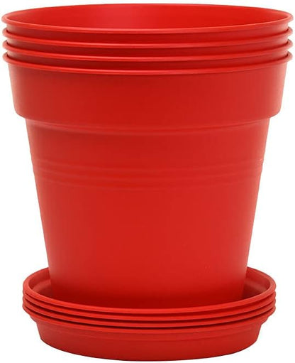 Mintra Garden Pots, 4 Pack Bulk Plastic Plant Pots with Drainage Tray, Round Indoor & Outdoor Decorative Planters with Drain Holes for Flowers, Herbs & Plants, 15cm Diameter – Red, 5.9 in