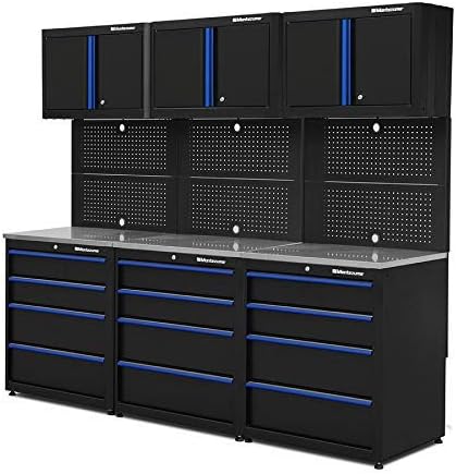 Montezuma Garage Tool Storage System - 9Piece Combo Workbench with Locking Cabinet & Stainless Steel Worktop - SC-Ddd