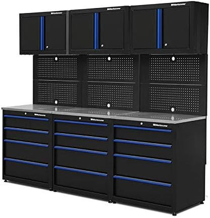 Montezuma Garage Tool Storage System - 9Piece Combo Workbench with Locking Cabinet & Stainless Steel Worktop - SC-Ddd