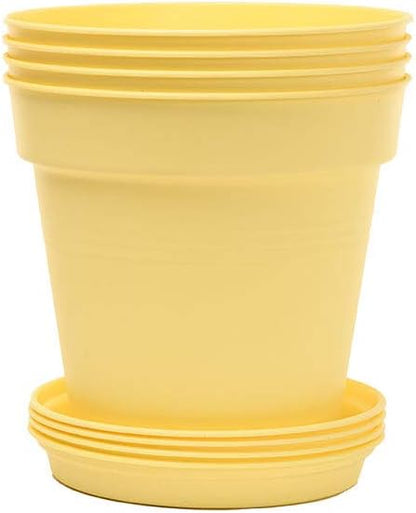 Mintra Garden Pots, 4 Pack Bulk Plastic Plant Pots with Drainage Tray, Round Indoor & Outdoor Decorative Planters with Drain Holes for Flowers, Herbs & Plants, 11cm Diameter – Yellow, 4.3 in
