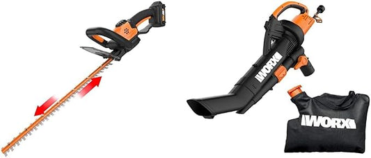 WORX WG261 20V Power Share 22" Cordless Hedge Trimmer (Battery & Charger Included) & WG509 12 Amp TRIVAC 3-in-1 Electric Leaf Blower with All Metal Mulching System