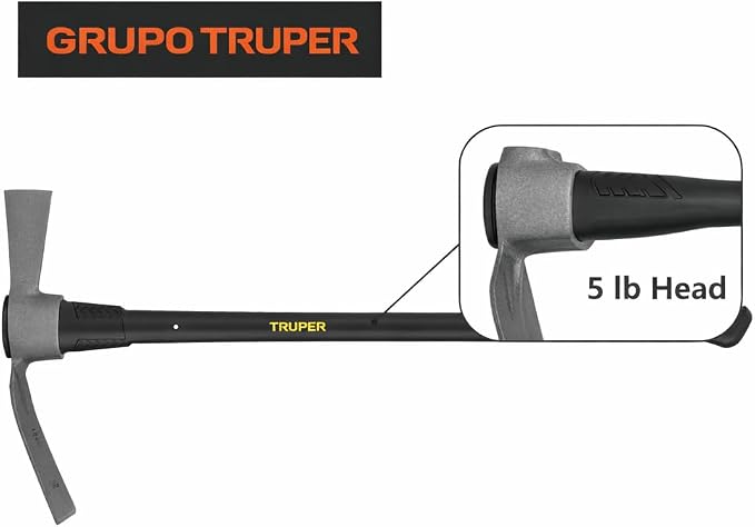 Truper 5 lb Cutter Mattock, 36-Inch Heavy-Duty Fiberglass Handle with Shock-Absorbing Grip, Forged Steel Dual-Head Digging and Root Cutting Tool (Model TH-5F / 31638)