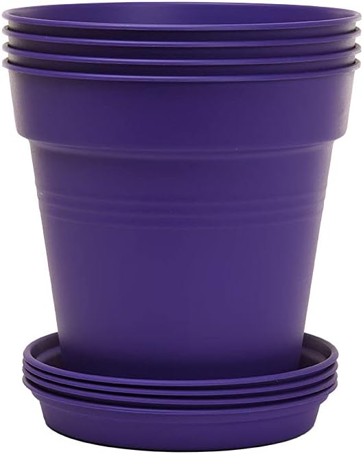 Mintra Garden Pots, 4 Pack Bulk Plastic Plant Pots with Drainage Tray, Round Indoor & Outdoor Decorative Planters with Drain Holes for Flowers, Herbs & Plants, 15cm Diameter – Purple, 5.9 in