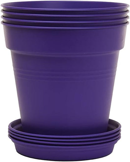 Mintra Garden Pots, 4 Pack Bulk Plastic Plant Pots with Drainage Tray, Round Indoor & Outdoor Decorative Planters with Drain Holes for Flowers, Herbs & Plants, 15cm Diameter – Purple, 5.9 in