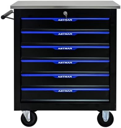 6-Drawer Rolling Tool Chest, Lockable Stainless Top for Garage, Black&Blue | Heavy Duty Modular Roll Around Tool Cabinet with Drawers for Workshop and Tool Box Storage
