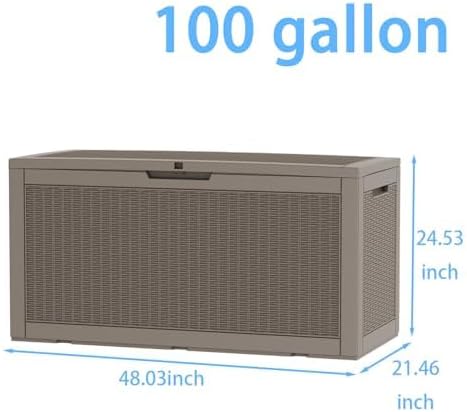 100 Gallon Deck Box, Waterproof Resin Outdoor Storage Box with Lockable Lid, Patio Storage Box with Fade Resistant for Patio Furniture Cushions, Pool Accessories, Garden Tools, Light Coffee