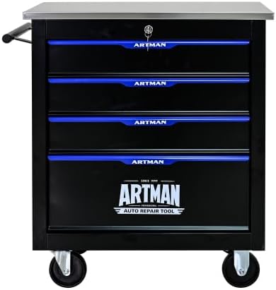 4-Drawer Rolling Tool Chest, Lockable Stainless Top for Garage, Black&Blue | Heavy Duty Modular Roll Around Tool Cabinet with Drawers for Workshop and Tool Box Storage