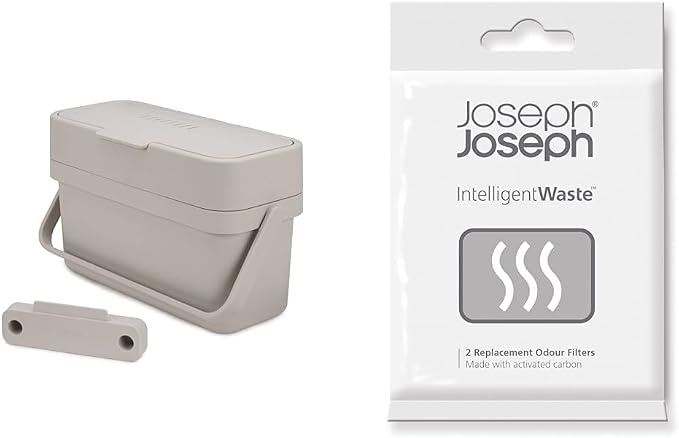 Joseph Joseph Compo 4 Easy-Fill Food Waste Caddy - 4 litres - Stone and Joseph Joseph Replacement Odour Filters, Pack of 2