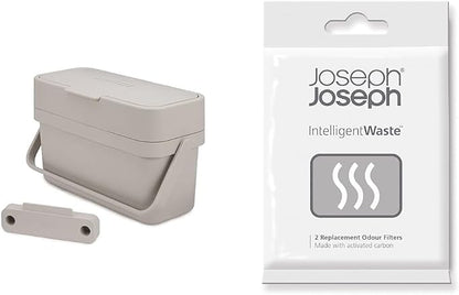 Joseph Joseph Compo 4 Easy-Fill Food Waste Caddy - 4 litres - Stone and Joseph Joseph Replacement Odour Filters, Pack of 2
