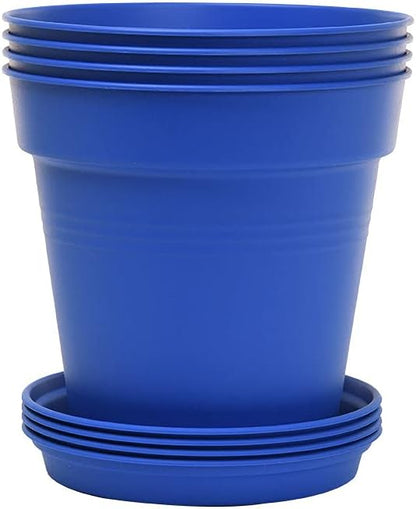 Mintra Garden Pots, 4 Pack Bulk Plastic Plant Pots with Drainage Tray, Round Indoor & Outdoor Decorative Planters with Drain Holes for Flowers, Herbs & Plants, 15cm Diameter – Blue, 5.9 in