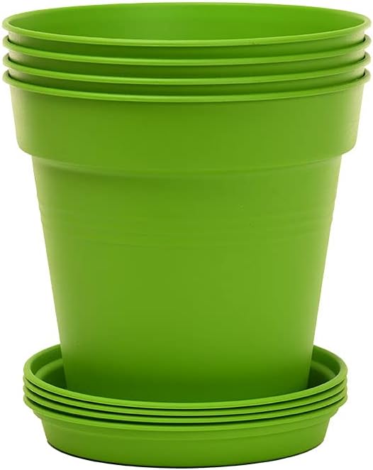 Mintra Garden Pots, 4 Pack Bulk Plastic Plant Pots with Drainage Tray, Round Indoor & Outdoor Decorative Planters with Drain Holes for Flowers, Herbs & Plants, 15cm Diameter – Light Green, 5.9 in