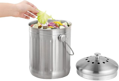 Restaurantware RW Clean 1.3 Gallon Countertop Food Waste Bin 1 Compact Food Waste Container - Avoids Rusting Airtight Lid Stainless Steel 201 Countertop Compost Bin Charcoal Filter