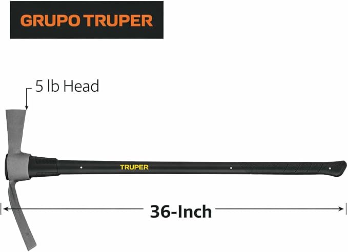 Truper 5 lb Cutter Mattock, 36-Inch Heavy-Duty Fiberglass Handle with Shock-Absorbing Grip, Forged Steel Dual-Head Digging and Root Cutting Tool (Model TH-5F / 31638)