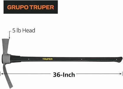 Truper 5 lb Cutter Mattock, 36-Inch Heavy-Duty Fiberglass Handle with Shock-Absorbing Grip, Forged Steel Dual-Head Digging and Root Cutting Tool (Model TH-5F / 31638)