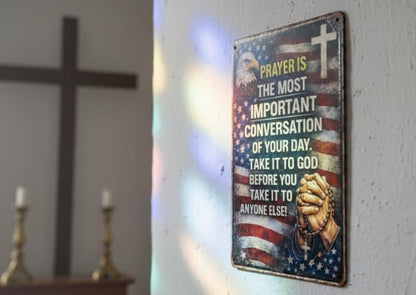 Christian Gifts for Men Women Prayer Is The Most Important Conversation of Your Day Vintage Tin Sign Religious Metal Wall Art for Home Church Prayer Room Office Chapel Decor 8x12 Inch