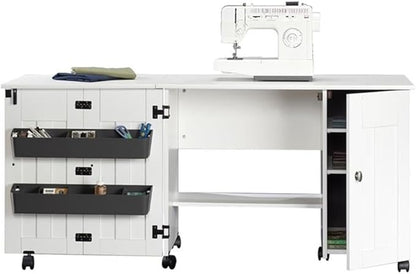 Sauder Folding SewingTable & Craft Cart Storage Cabinet, in Soft White