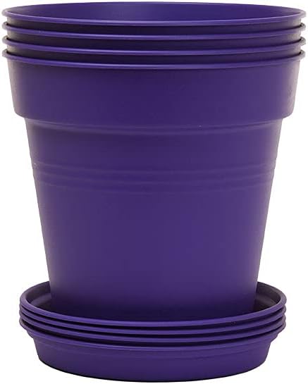 Mintra Garden Pots, 4 Pack Bulk Plastic Plant Pots with Drainage Tray, Round Indoor & Outdoor Decorative Planters with Drain Holes for Flowers, Herbs & Plants, 11cm Diameter – Purple, 4.3 in