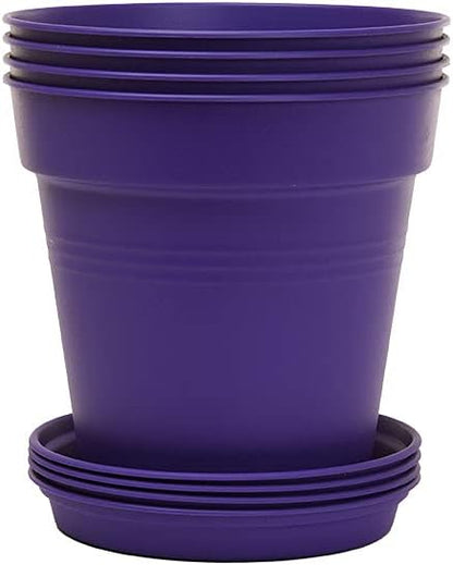 Mintra Garden Pots, 4 Pack Bulk Plastic Plant Pots with Drainage Tray, Round Indoor & Outdoor Decorative Planters with Drain Holes for Flowers, Herbs & Plants, 11cm Diameter – Purple, 4.3 in