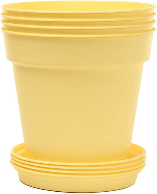Mintra Garden Pots, 4 Pack Bulk Plastic Plant Pots with Drainage Tray, Round Indoor & Outdoor Decorative Planters with Drain Holes for Flowers, Herbs & Plants, 17cm Diameter – Yellow, 6.6 in