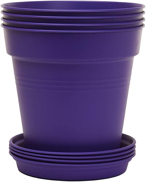 Mintra Garden Pots, 4 Pack Bulk Plastic Plant Pots with Drainage Tray, Round Indoor & Outdoor Decorative Planters with Drain Holes for Flowers, Herbs & Plants, 17cm Diameter – Purple, 6.6 in