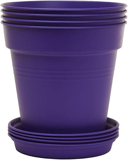 Mintra Garden Pots, 4 Pack Bulk Plastic Plant Pots with Drainage Tray, Round Indoor & Outdoor Decorative Planters with Drain Holes for Flowers, Herbs & Plants, 17cm Diameter – Purple, 6.6 in