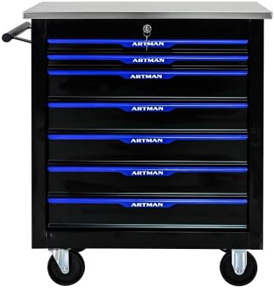 7-Drawer Rolling Tool Chest, Lockable Stainless Top for Garage, Black&Blue | Heavy Duty Modular Roll Around Tool Cabinet with Drawers for Workshop and Tool Box Storage