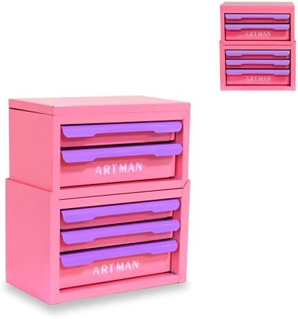 Metal Tool Box with Sliding Drawers, 5-Drawer Desktop Tool Box, Small Steel Tool Chest, Portable Benchtop Toolbox for Jewelry & Office DIY Pink-Purple