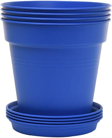 Mintra Garden Pots, 4 Pack Bulk Plastic Plant Pots with Drainage Tray, Round Indoor & Outdoor Decorative Planters with Drain Holes for Flowers, Herbs & Plants, 11cm Diameter – Blue, 4.3 in