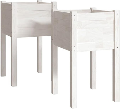 vidaXL Solid Wood Pine Garden Planters, Set of 2, Weather-Resistant Outdoor Flower Boxes, Classic Square Shape, White - Size 15.7"x15.7"x27.6".
