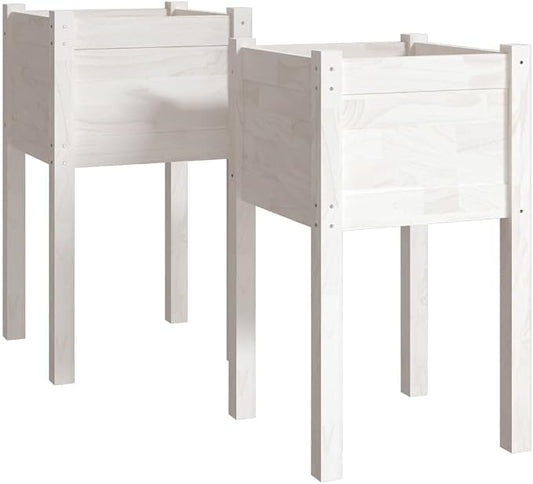vidaXL Solid Wood Pine Garden Planters, Set of 2, Weather-Resistant Outdoor Flower Boxes, Classic Square Shape, White - Size 15.7"x15.7"x27.6".