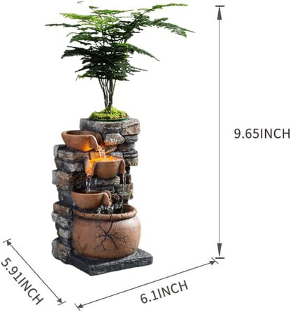 Indoor Fountain 4-Bowl Rockery Soothing Sound Tabletop Fountains Home/Office Decor with a Small Plastic Pot to Grow The Plant by Yourself(Automatic Watering)(23001)