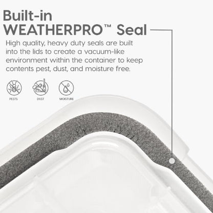 IRIS USA WeatherPro Storage Bins with Lids, 74 Qt, Gasket Seal, 2 Pack | BPA-free gasket seal keeps clothing, documents, pet food, tools, and camping gear protected from dust and moisture.