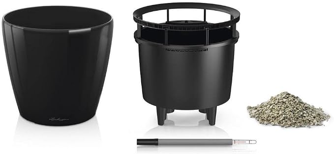 Lechuza Classico LS 43 Black High Gloss, Self-Watering Round Planter, D16.9 H15.7 in