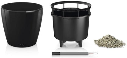 Lechuza Classico LS 43 Black High Gloss, Self-Watering Round Planter, D16.9 H15.7 in