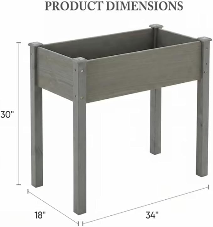 Raised Garden Bed Outdoor Planter Box with Legs - 34x18x30 Inch Cedar Wooden Elevated Planter Box with Non-Woven Liner & Drainage Holes for Vegetables Flowers Herbs (Gray, 34 x 18 x 30)