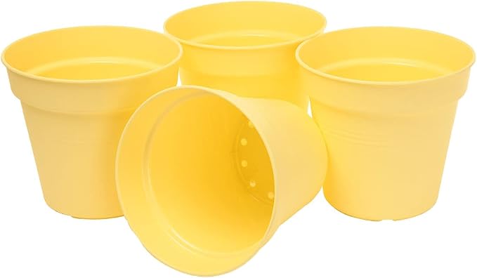 Mintra Garden Pots, 4 Pack Bulk Plastic Plant Pots with Drainage Tray, Round Indoor & Outdoor Decorative Planters with Drain Holes for Flowers, Herbs & Plants, 13cm Diameter – Yellow, 5 in