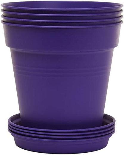Mintra Garden Pots, 4 Pack Bulk Plastic Plant Pots with Drainage Tray, Round Indoor & Outdoor Decorative Planters with Drain Holes for Flowers, Herbs & Plants, 13cm Diameter – Purple, 5 in