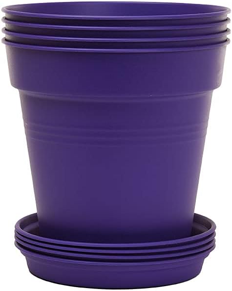 Mintra Garden Pots, 4 Pack Bulk Plastic Plant Pots with Drainage Tray, Round Indoor & Outdoor Decorative Planters with Drain Holes for Flowers, Herbs & Plants, 13cm Diameter – Purple, 5 in