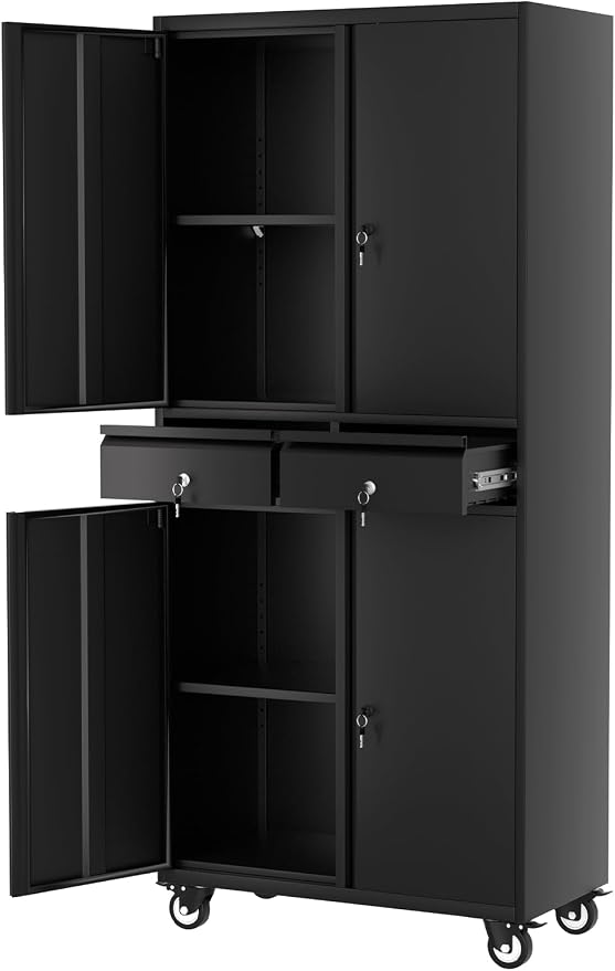 GarveeHome 72" Metal Storage Cabinet with Wheels, Locking Doors & 2 Drawers,Heavy Duty Rolling Garage Organizer with 2 Adjustable Shelves (with Wheels, with 2 Draws)