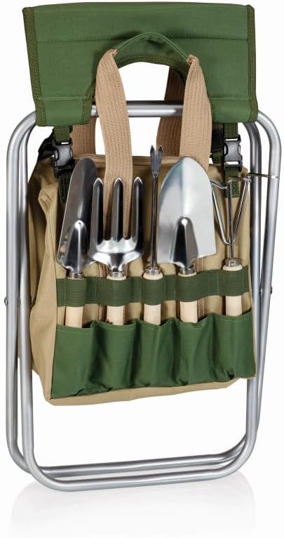 PICNIC TIME Disney Mickey Mouse Gardener Folding Seat with Tools, Folding Garden Stool with Detachable Tote and Hand Tool Set Organizer, Portable Gardening Chair, (Olive Green with Beige Accents)
