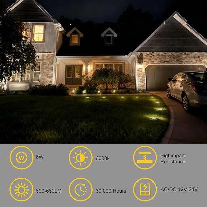 JESLED Outdoor Landscape Lights, Low Voltage In Ground Well Lights, 2 Pack | 3000K Warm White, 6W LED, 12V/24V, IP67 Waterproof, 5-Ton Pressure Resistant & 90° Beam for Driveway Decks Step Garden