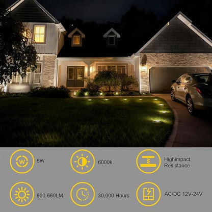 JESLED Outdoor Landscape Lights, Low Voltage In Ground Well Lights, 6 Pack | 6000K Warm White, 6W LED, 12V/24V, IP67 Waterproof, 5-Ton Pressure Resistant & 90° Beam for Driveway Decks Step Garden