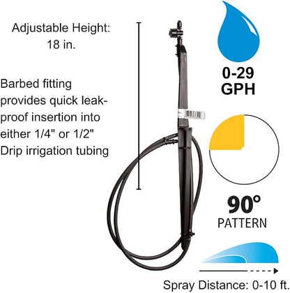 Rain Bird MSSTKTQ1S Drip Irrigation Micro-Spray on Adjustable Height Staked Riser with 1/4" Tubing and Barbed Coupler, 90° Quarter Circle Pattern, 0-10' Spray Distance