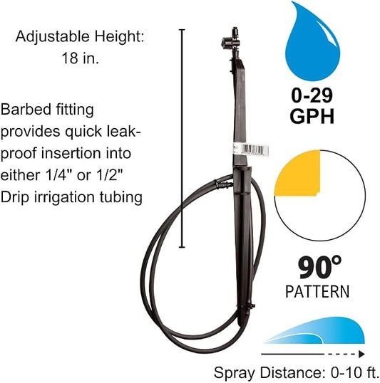 Rain Bird MSSTKTQ1S Drip Irrigation Micro-Spray on Adjustable Height Staked Riser with 1/4" Tubing and Barbed Coupler, 90° Quarter Circle Pattern, 0-10' Spray Distance
