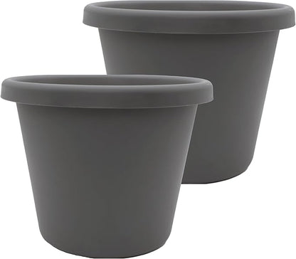 The HC Companies 15.5 Inch Classic Round Planter Pots with Drainage, Rolled Rim Plastic Planters for Indoor & Outdoor Plants, 2-Pack Decorative Flower Pots for Garden, Office & Home Decor, Warm Gray