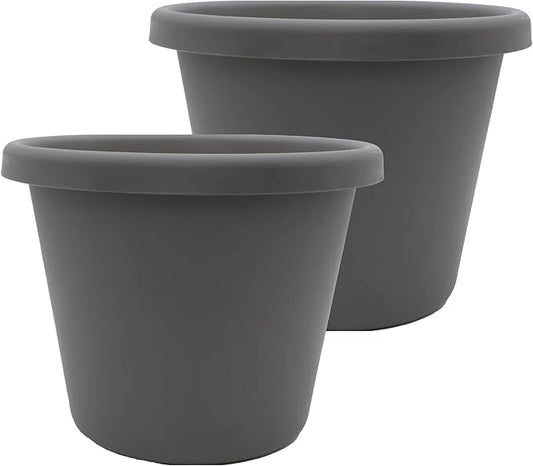 The HC Companies 15.5 Inch Classic Round Planter Pots with Drainage, Rolled Rim Plastic Planters for Indoor & Outdoor Plants, 2-Pack Decorative Flower Pots for Garden, Office & Home Decor, Warm Gray