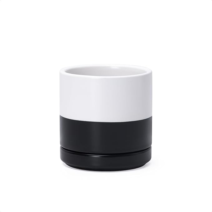 D'vine Dev 3.5 Inch Ceramic Planter Pot with Drainage Hole and Saucer, Indoor Cylinder Round Planter Pot, Layered Monochrome Black & White, 94-O-A-L