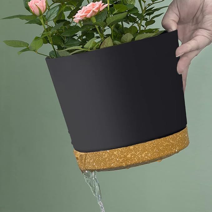 ZMTECH Plant Pots, Set of 6 6.5'' Self Watering Plastic Planter with Drainage Hole and Saucer,Modern Decorative Flower Pot for Indoor Outdoor House Plants, Succulents, Flowers - Dark Gray