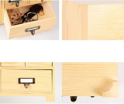Apothecary Drawers Apothecary Cabinet with Drawers, Natural Wood | 9 Drawer Library Card Catalog, Wooden Storage Box, Wooden Desktop Organizer with Metal Handles-Fulled Assembled